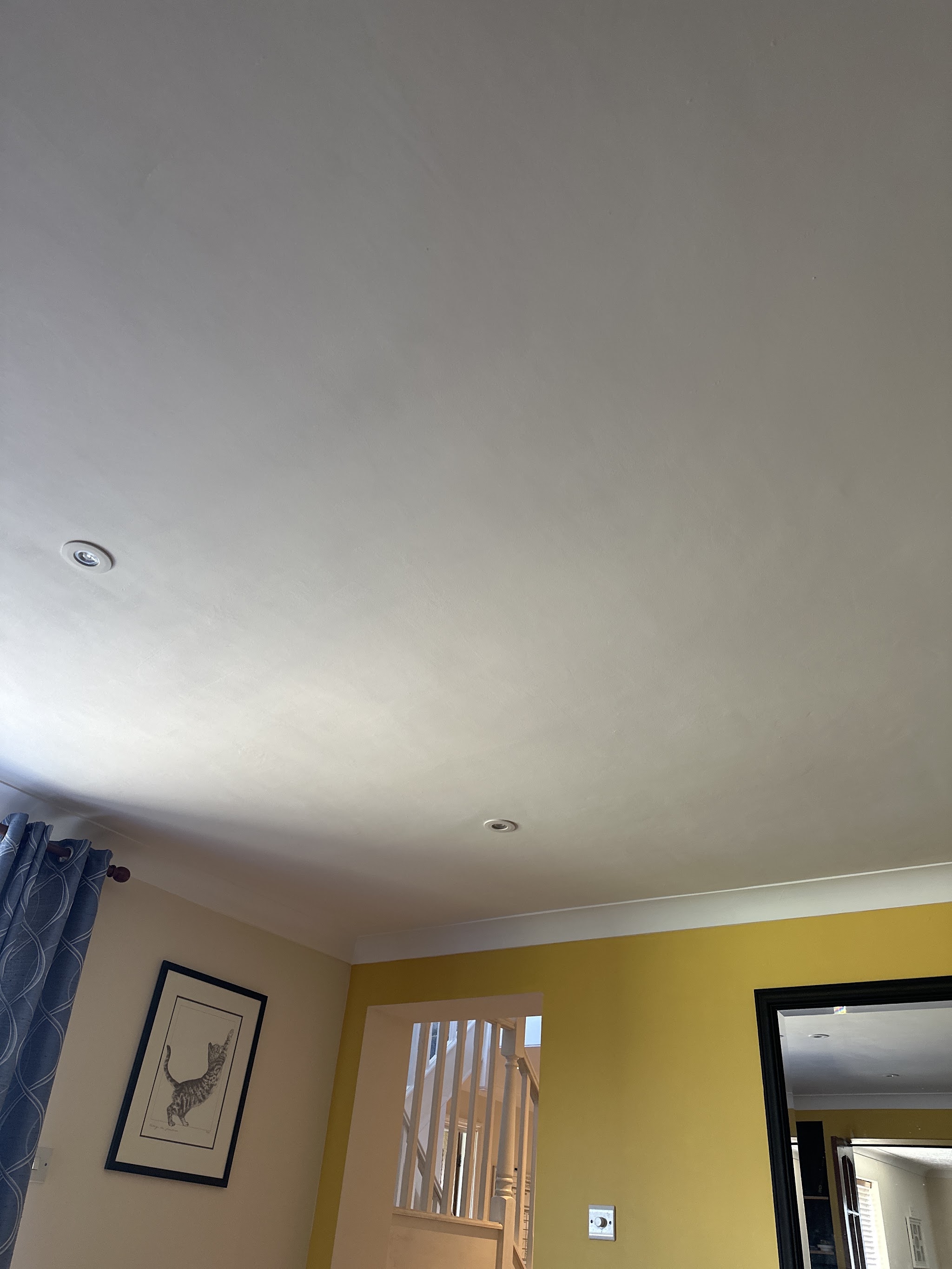 Freshly plastered ceiling, smooth and painted, in a customer's front room